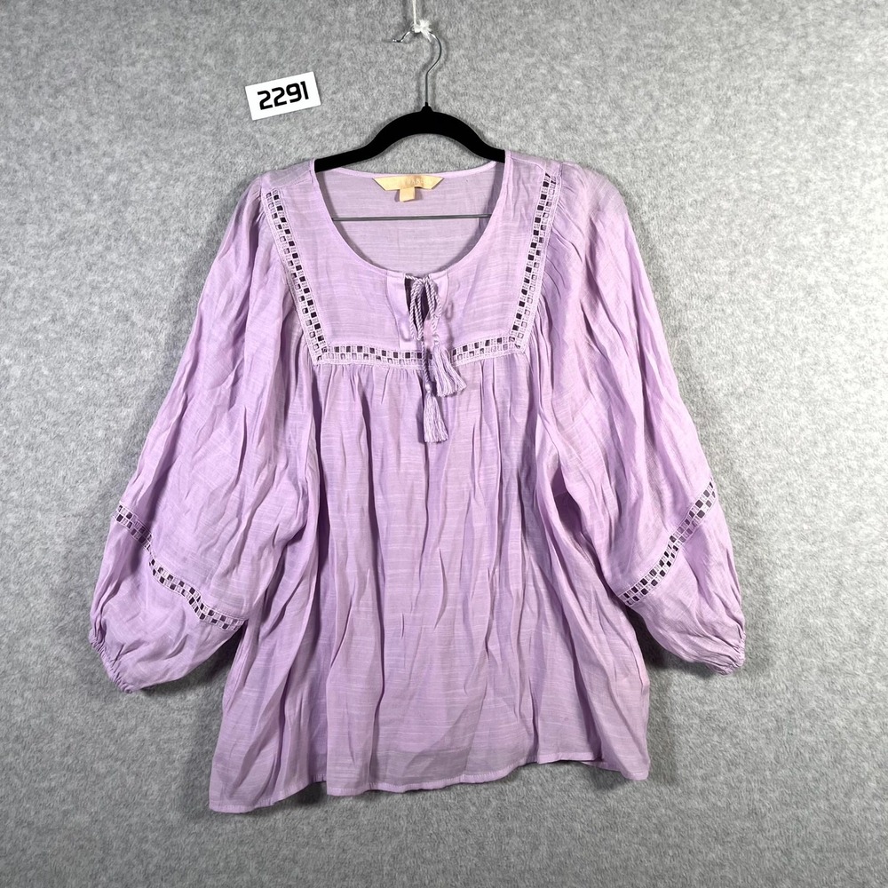 Hope & Harlow Blouse Top Womens Large Purple Rayon Tie Front Puff Sleeve Pleated